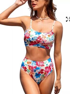 Cupshe Floral Ribbed Bikini Set High Waisted Tropical Swimsuit M/L